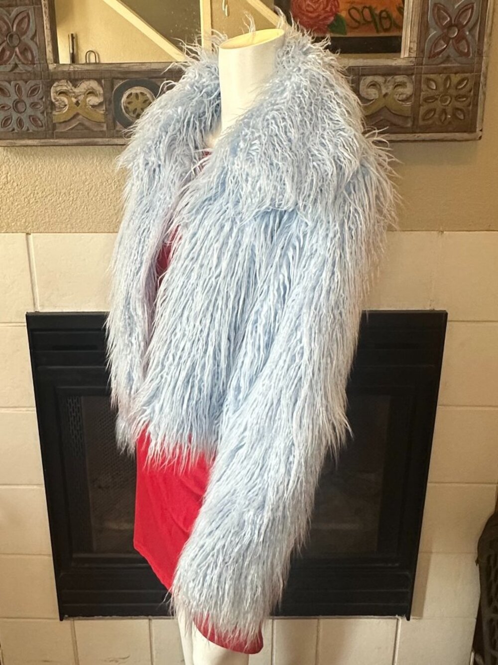 VTG FOREVER21 Blue Long Hair Faux Fur open Jacket Large Long Sleeve Collared - Picture 7 of 16